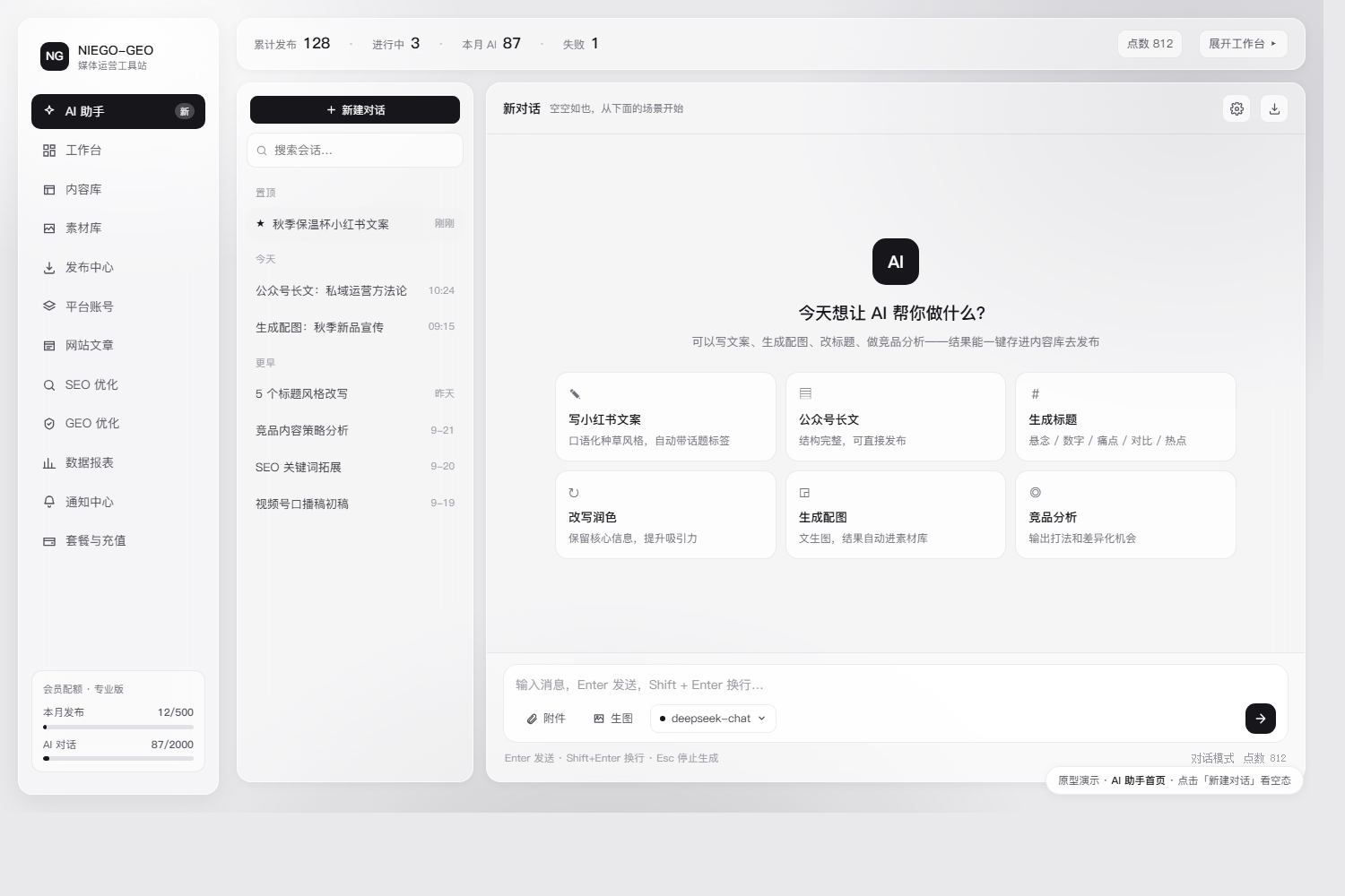 NIEGO-GEO AI 助手空態 — 寫小紅書文案、公眾號長文、生標題、改寫潤色、生成配圖、競品分析快捷磁貼