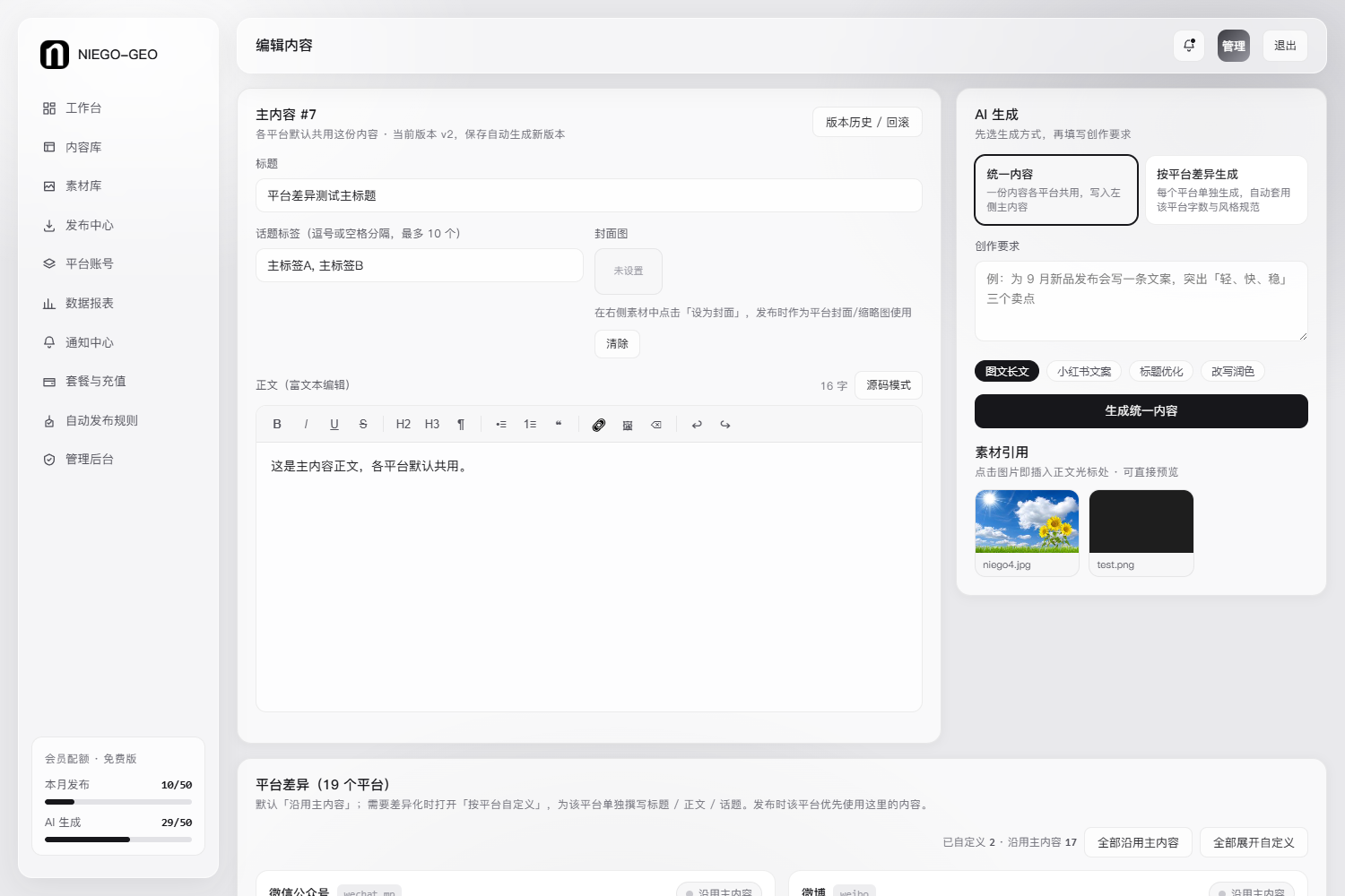 NIEGO-GEO 編輯內容 — 主標題話題標籤富文本與右側 AI 統一內容生成面板