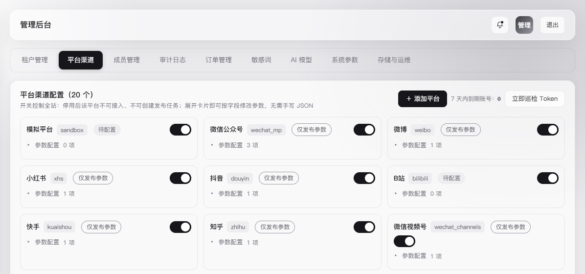NIEGO-GEO 平臺渠道配置 — 模擬平臺與微信公眾號微博等參數開關