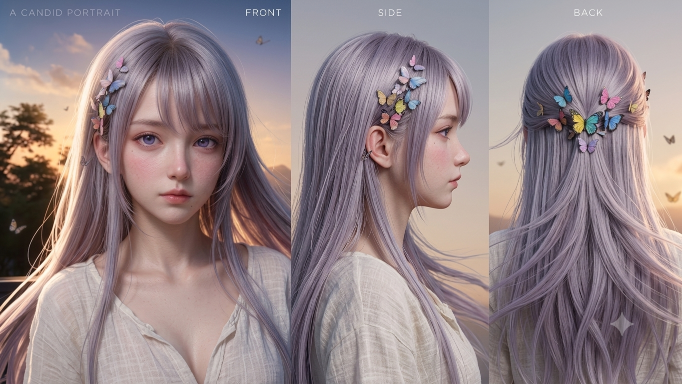 girl2 candid three-view with sunset landscape backgrounds