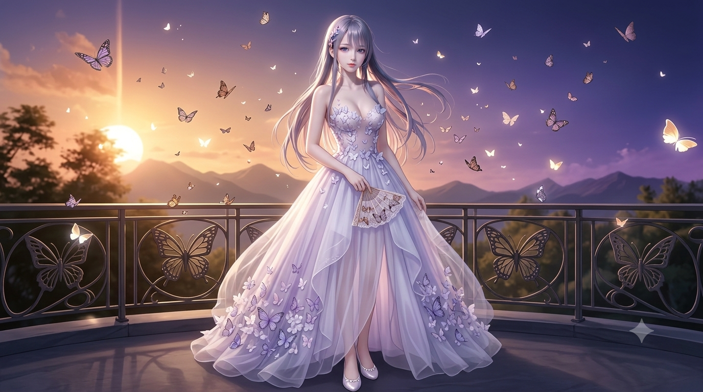 Lyra 阳台站立 — Chrysalis Gown 与金色折扇
