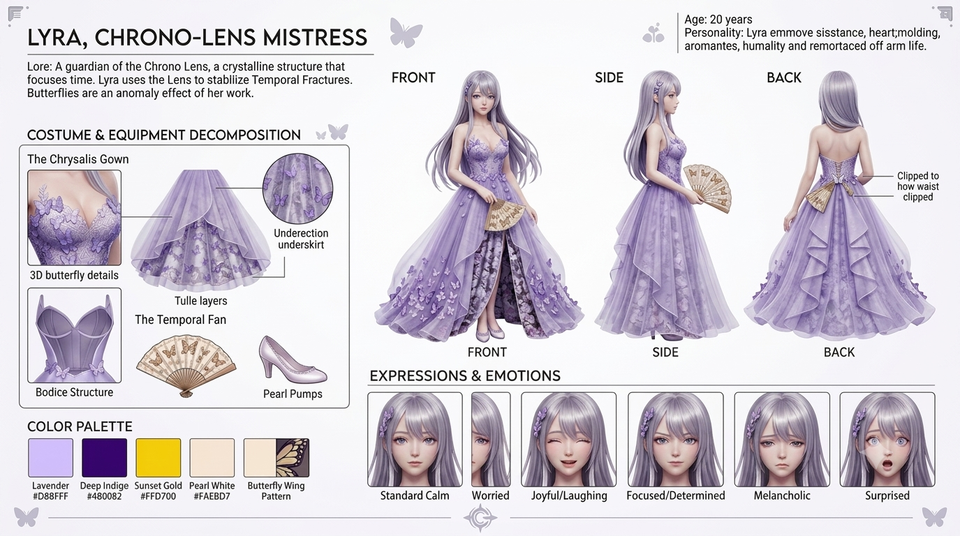 Lyra Chrono-Lens Mistress 角色设定表 — Chrysalis Gown 正侧背、色板与六表情