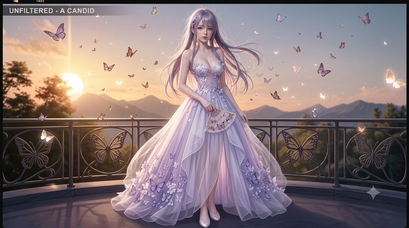 Lyra balcony candid gown — unfiltered label and butterfly railing