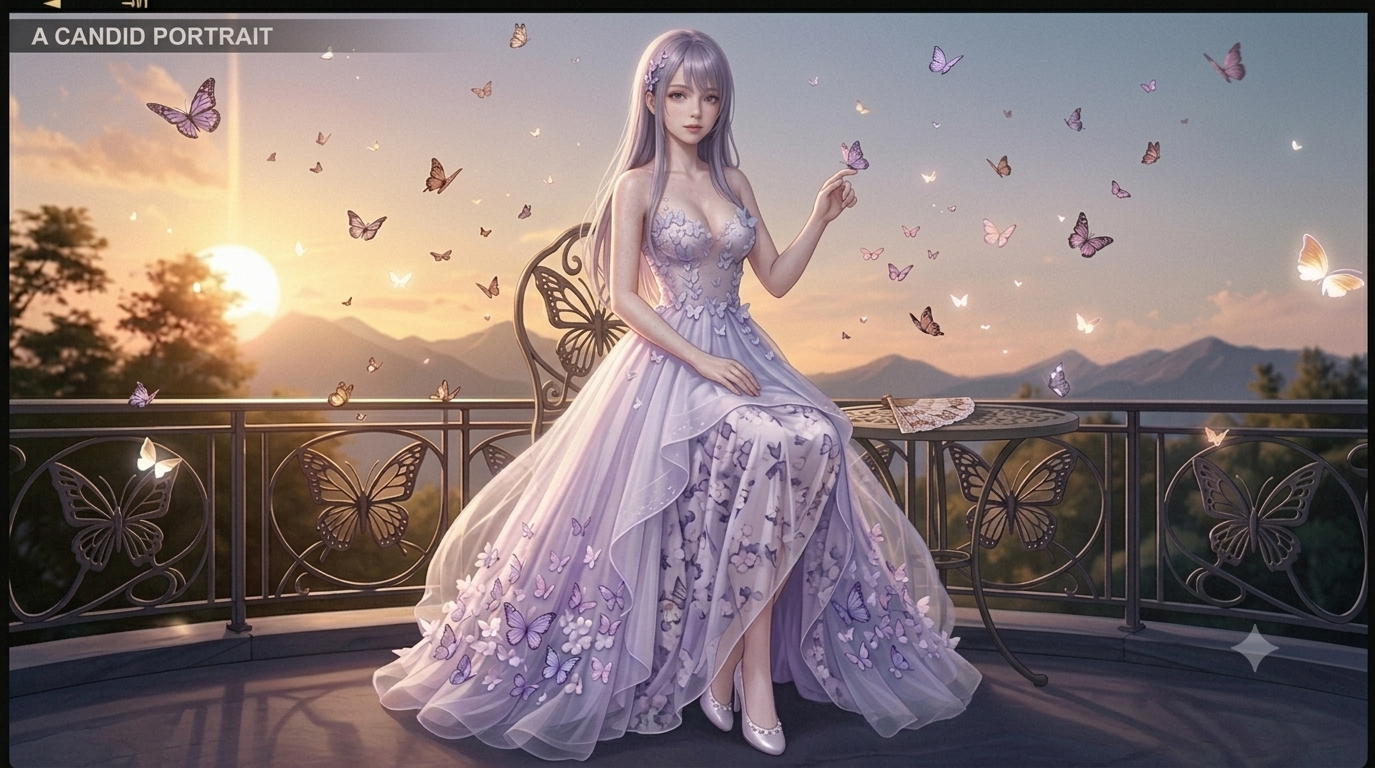 Lyra 阳台坐姿 — 指尖停蝶与桌上折扇