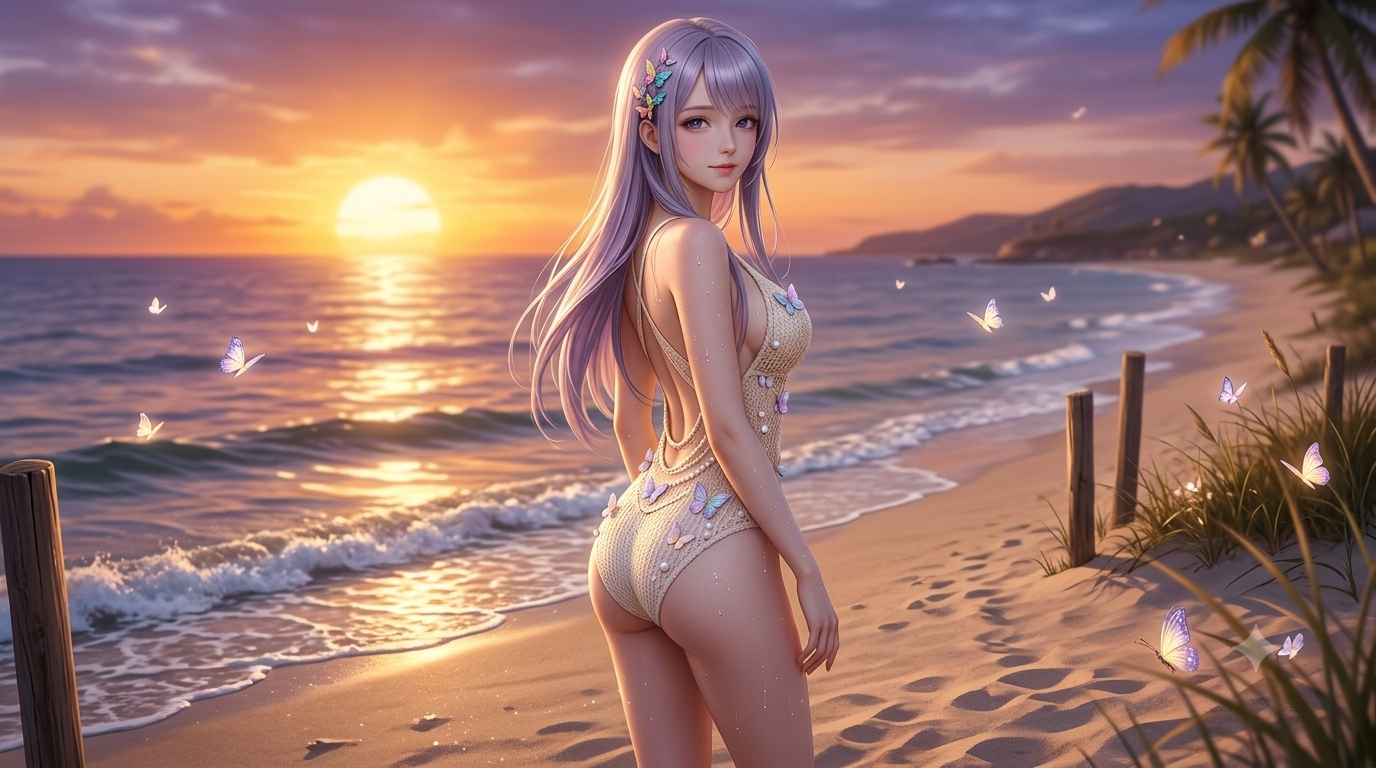 Lyra 沙滩回眸 — 针织泳装与脚印逆光