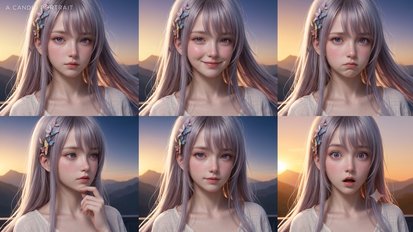 Lyra 表情六格 — 冷静微笑委屈沉思自信惊讶