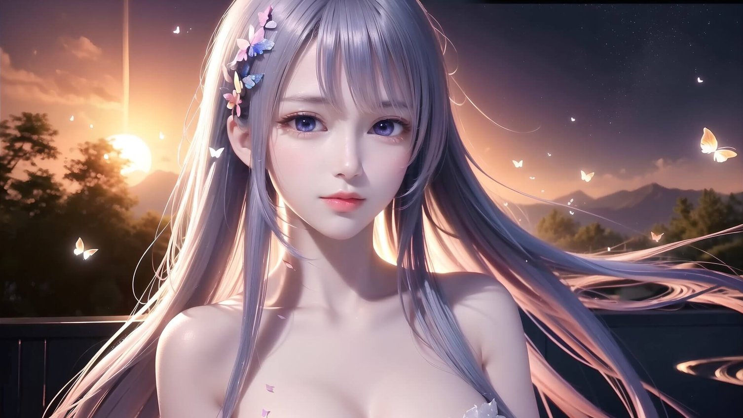 Lyra 半身肖像锚点 — 紫发蝶夹与日落远山