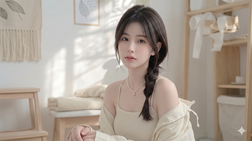 home-girl 居家半身 — 米色罗纹吊带侧辫与木柜叶影窗光