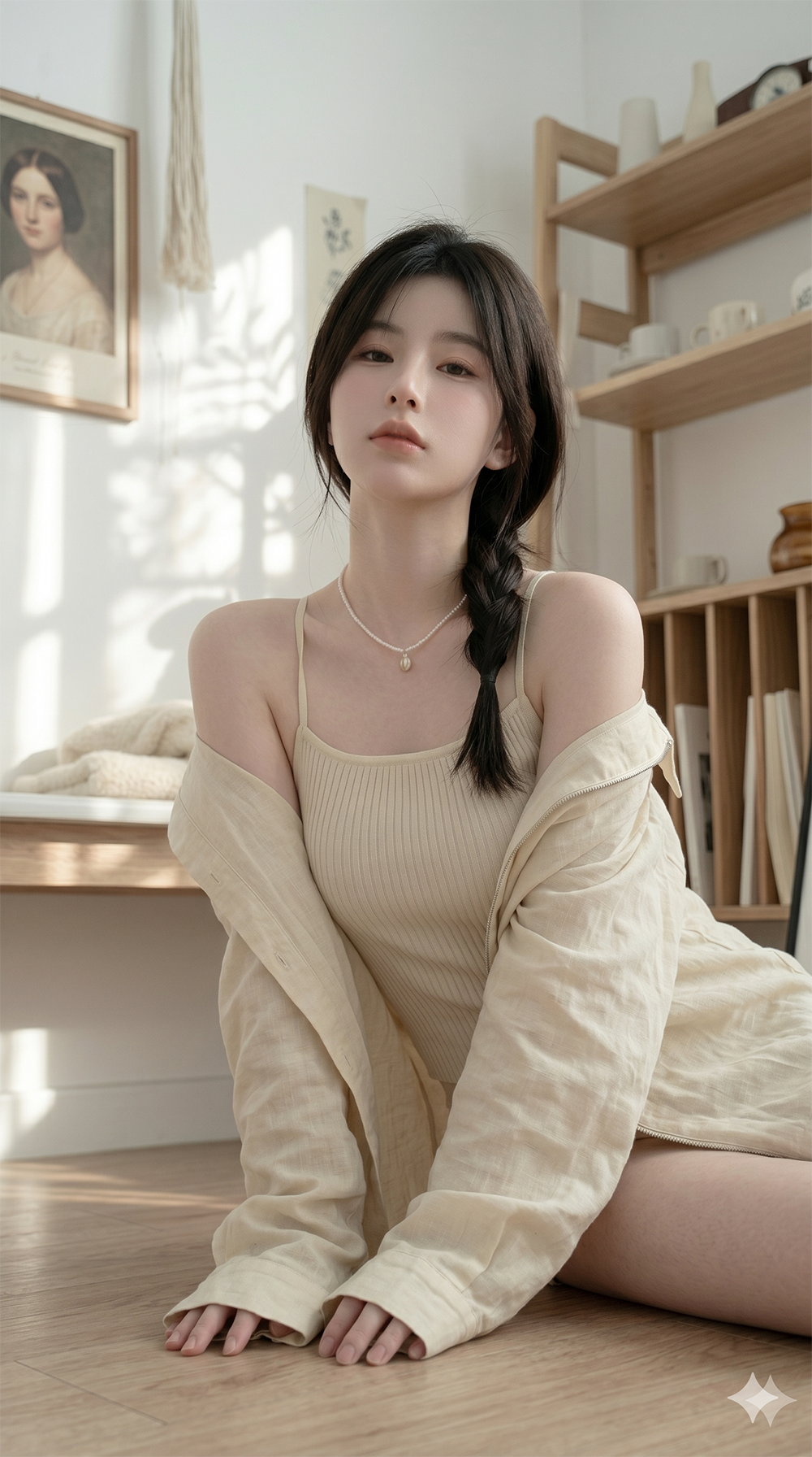 home-girl 地板坐姿 — 双手撑地与室内木柜