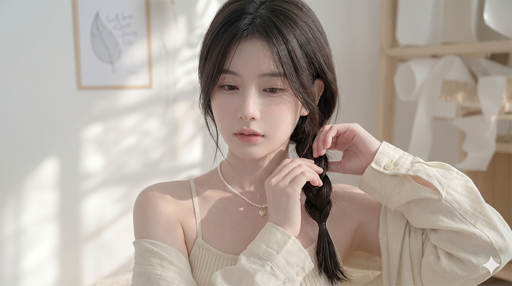 home-girl 编辫过程半身 — 侧辫与叶影墙