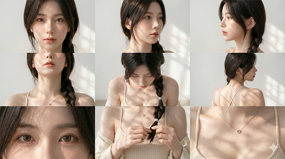 home-girl 九格 contact sheet — 正侧背俯仰与项链细节