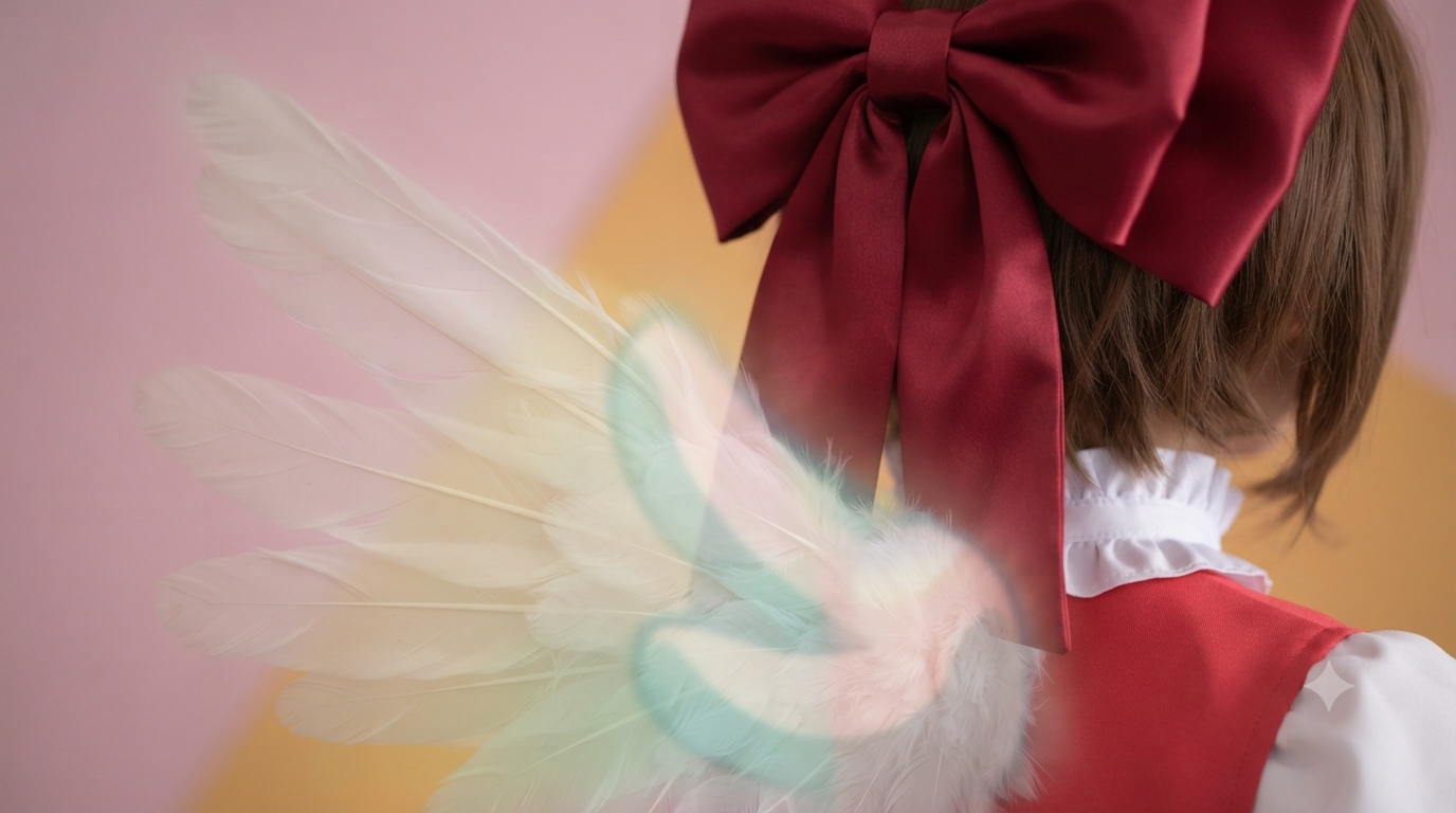 魔法少女过肩背视 — 红缎结、白领、羽翼与虹彩叠层