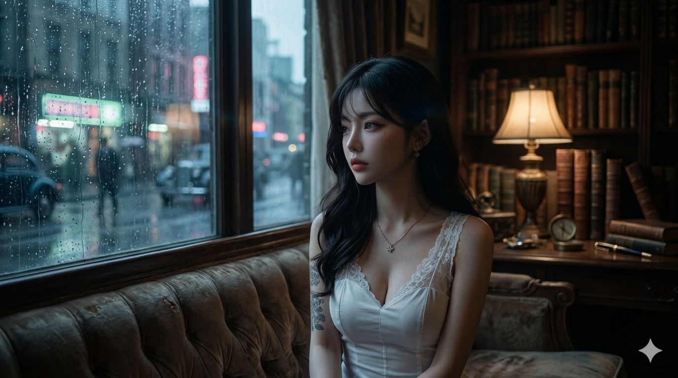 Rainy study interior — mood anchor frame