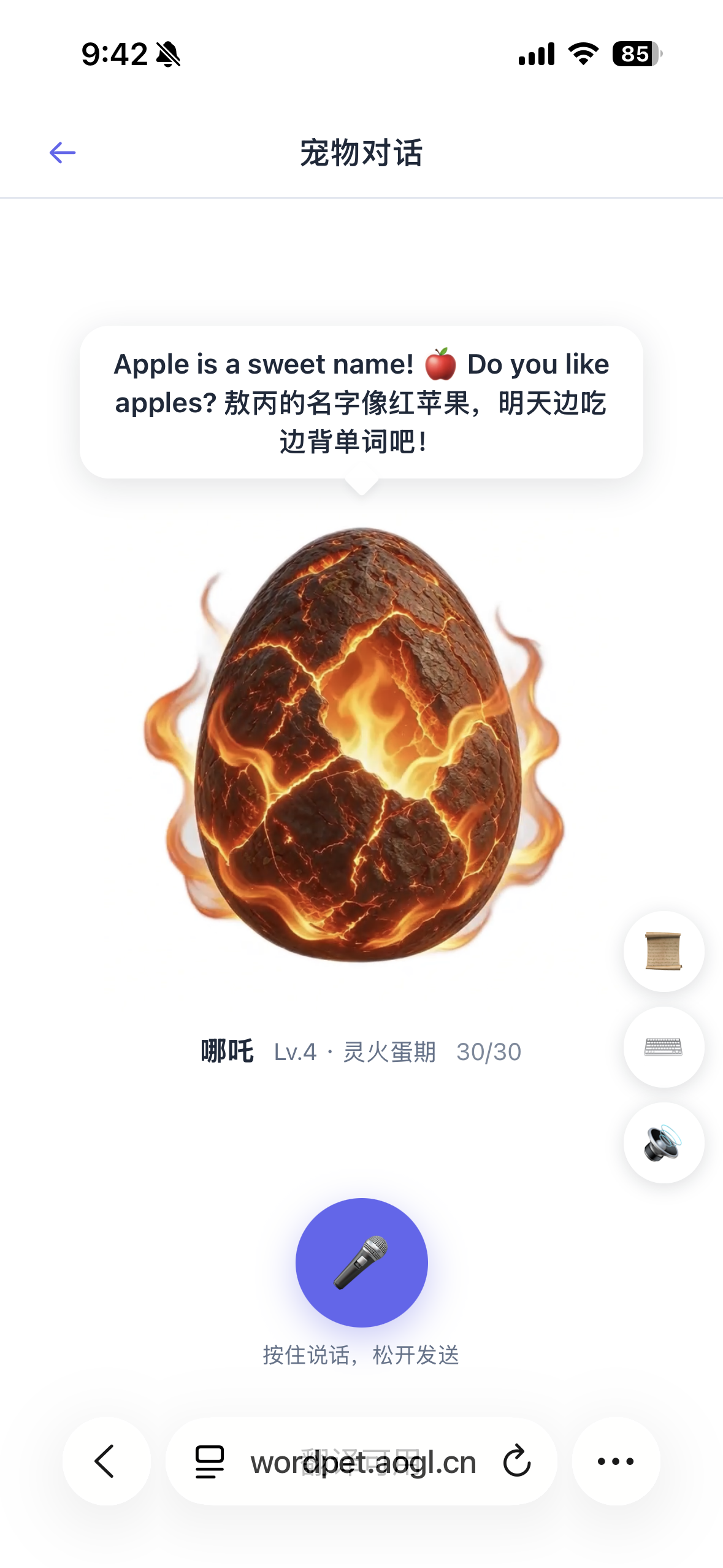 WordPet 宠物对话 — 哪吒灵火蛋气泡与按住说话麦克风