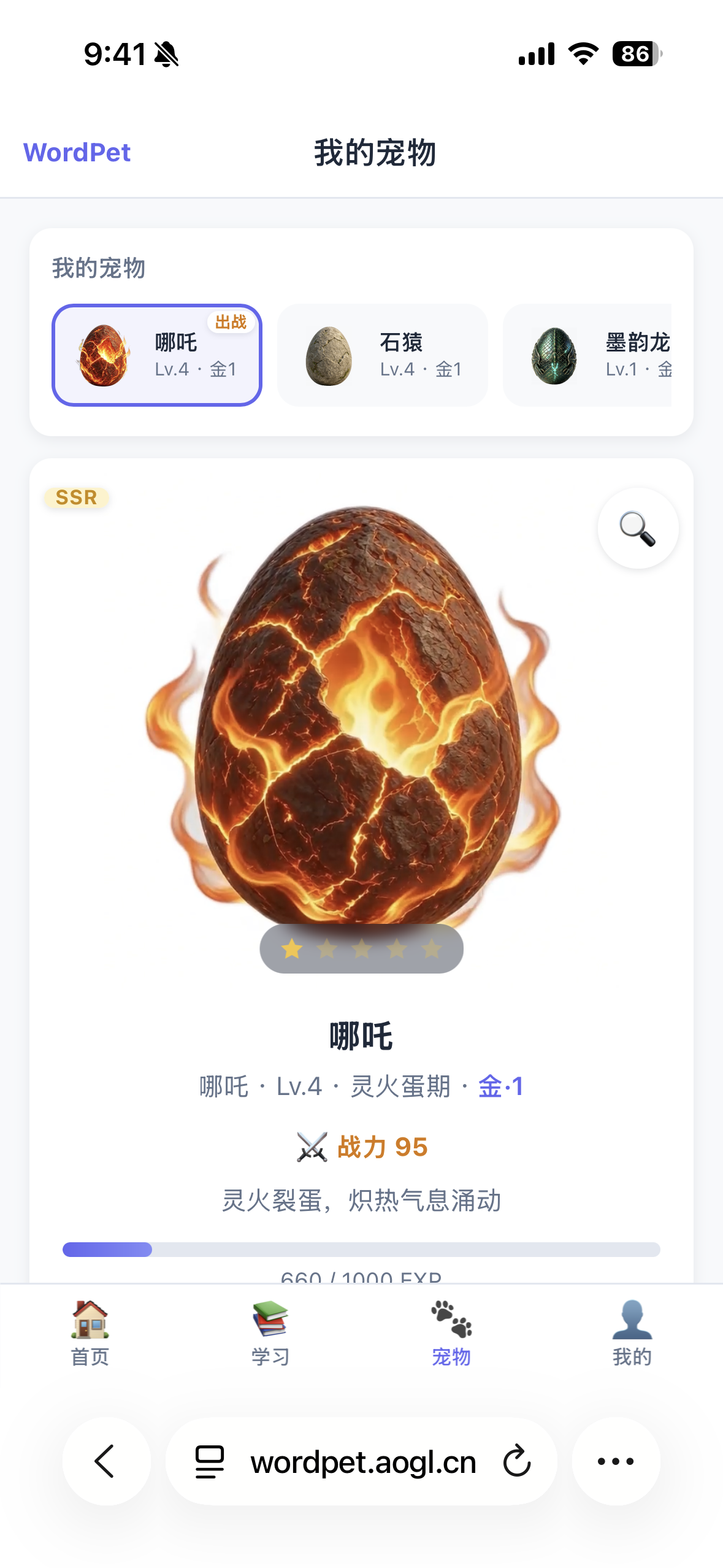WordPet 我的宠物 — 哪吒SSR灵火蛋期等级战力与经验条
